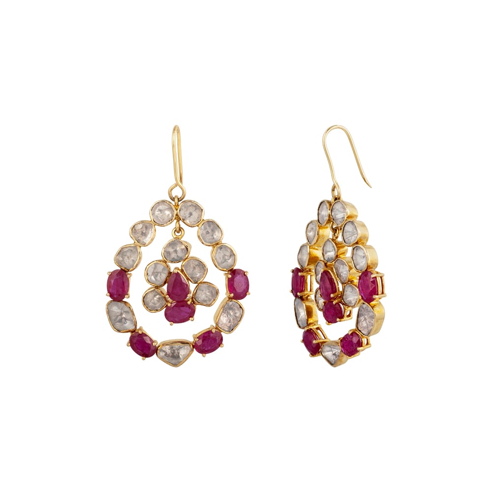 Earrings with Uncut Diamonds Polki & Ruby Teardrop